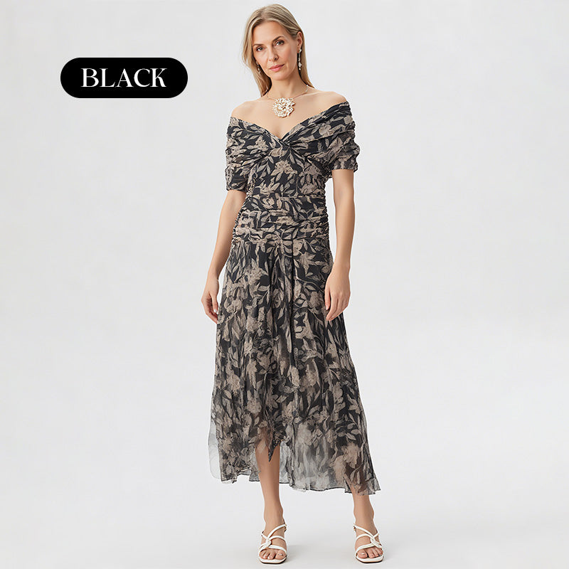🌸Nieuw binnen 50% KORTING💖 Dames off-shoulder V-hals bedrukte jurk
