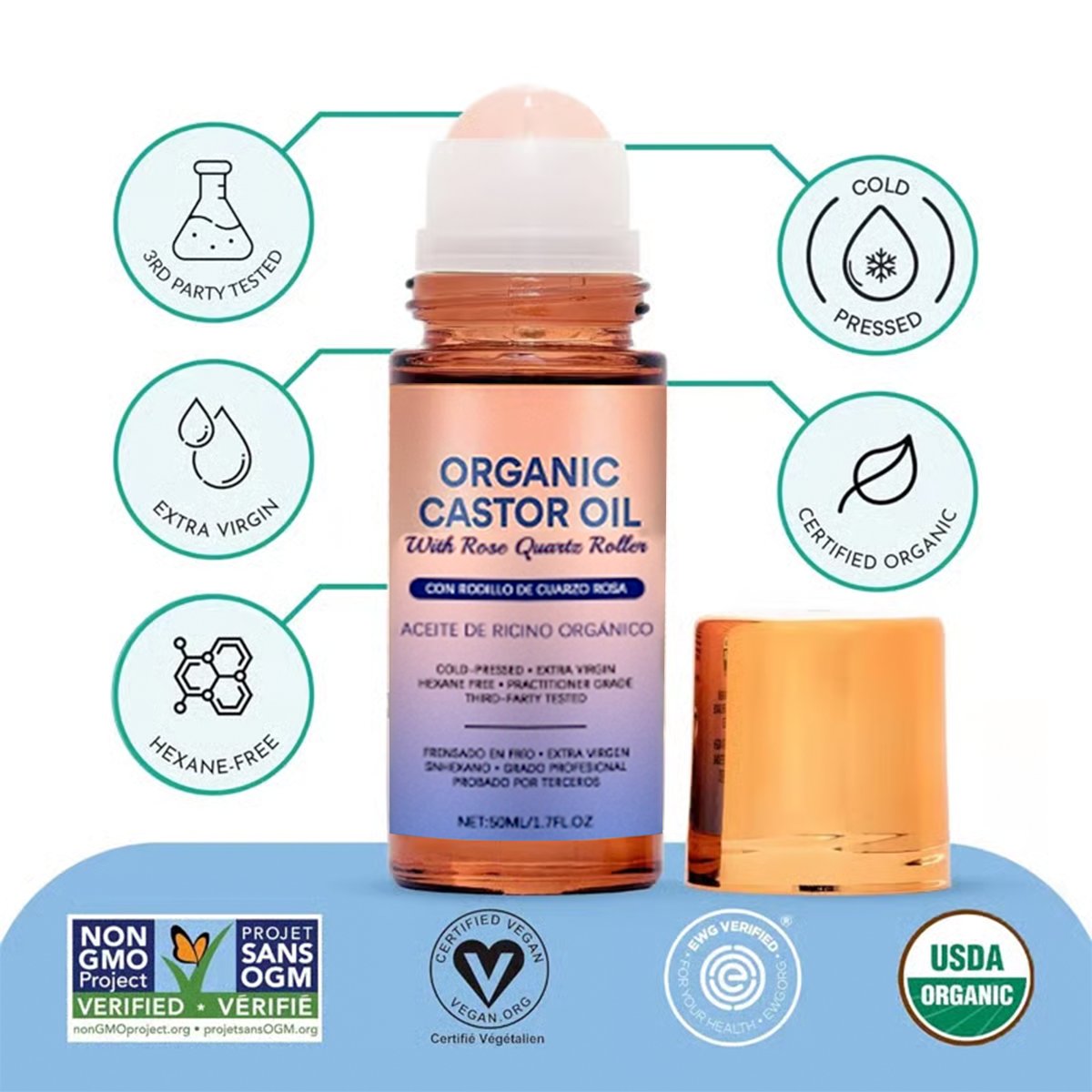 š#1 Best Seller ā°Organic Golden Castor Oil Roll-On with Rose Quartz