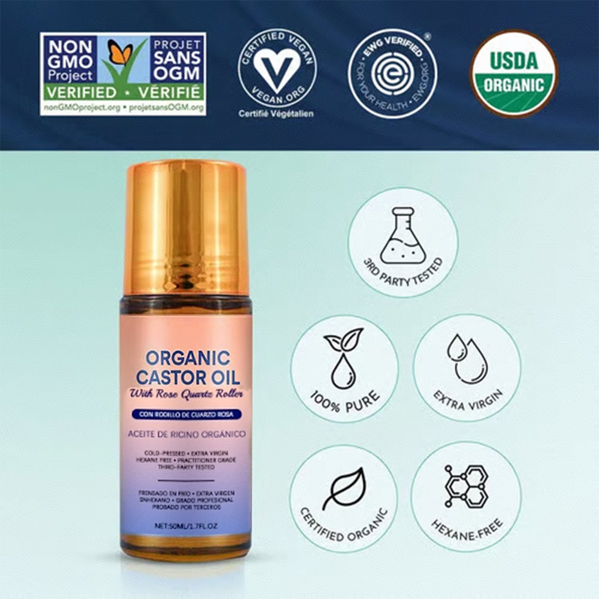 š#1 Best Seller ā°Organic Golden Castor Oil Roll-On with Rose Quartz