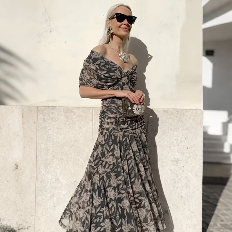 🌸Nieuw binnen 50% KORTING💖 Dames off-shoulder V-hals bedrukte jurk