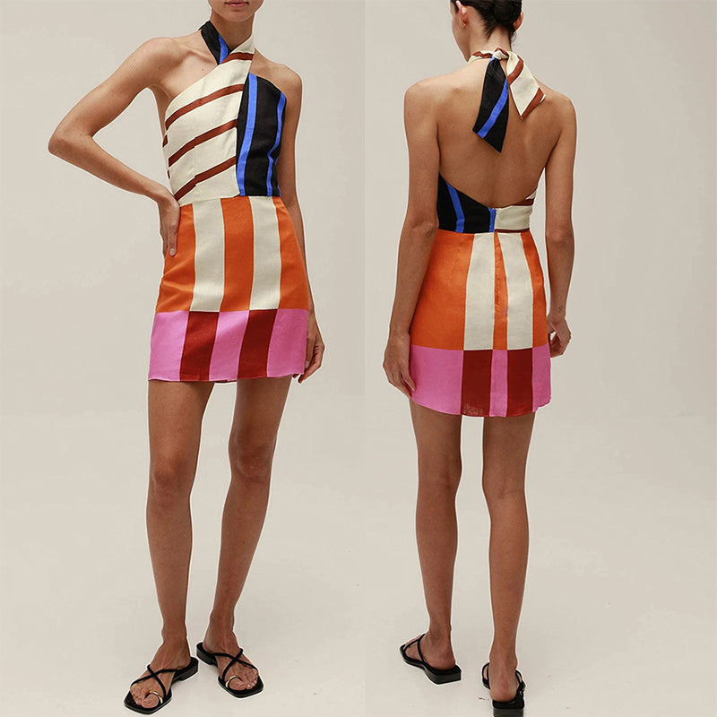 Jeniah Linen Blend Color Block Print Cross Halter Tie-up Loose Mini Dress