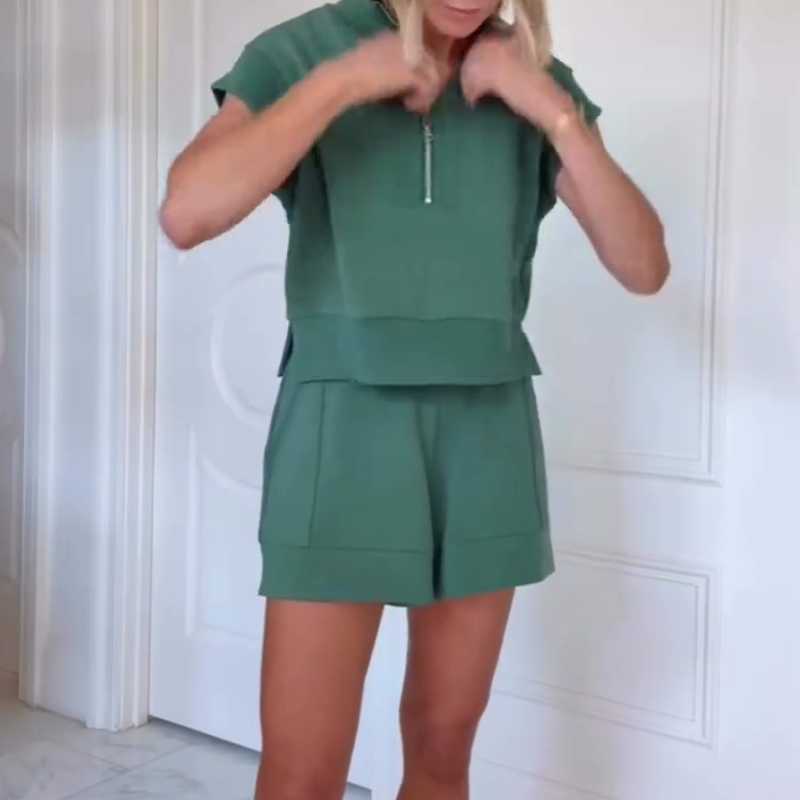 Buttery Touch Half-Zip Sweatshirt met korte mouwen en elastische taille Pocket Casual Shorts Set