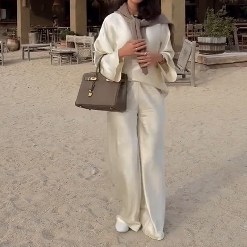 Zijdeachtige en elegante satijnen brede nek Losse bovenkant en elastische taille breedbeenbroek set