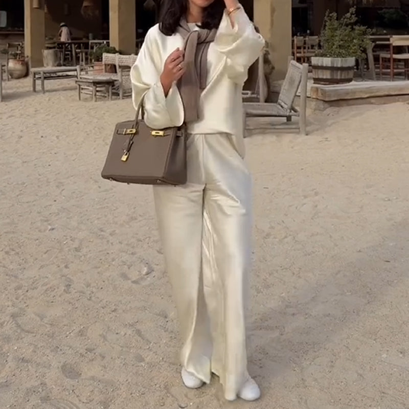 Zijdeachtige en elegante satijnen brede nek Losse bovenkant en elastische taille breedbeenbroek set