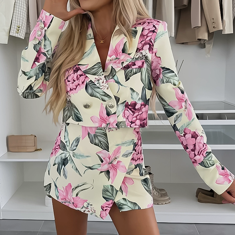 Floral Lapel Crop Blazer Skirt 2-Piece Set