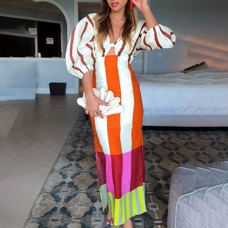 Kaya linnen blend kleurblokafdruk front cutout knoop knoop puff mouw maxi jurk