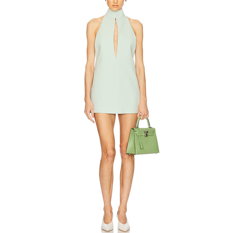 Date Night Front Cutout Pocketed Halter H-line Mini Dress