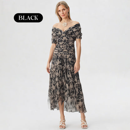🌸Nieuw binnen 50% KORTING💖 Dames off-shoulder V-hals bedrukte jurk