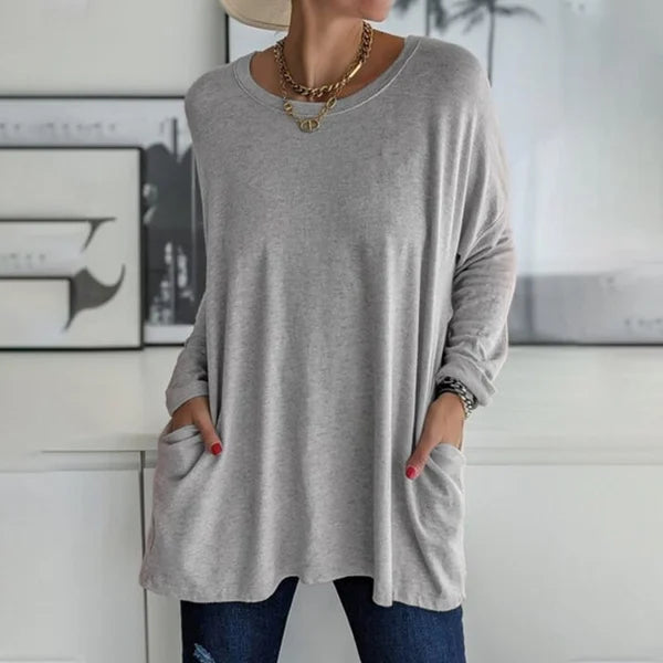 🔥Limited stock available 50% OFF🔥Women's Round Neck Long Sleeve Loose Pocket T-Shirt