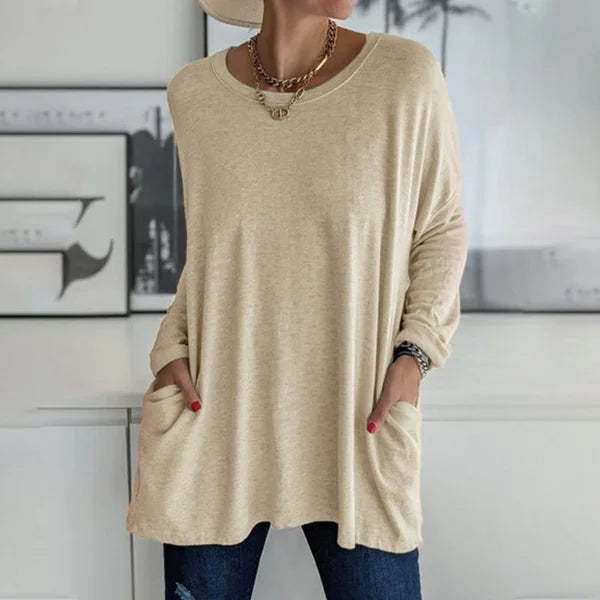 🔥Limited stock available 50% OFF🔥Women's Round Neck Long Sleeve Loose Pocket T-Shirt