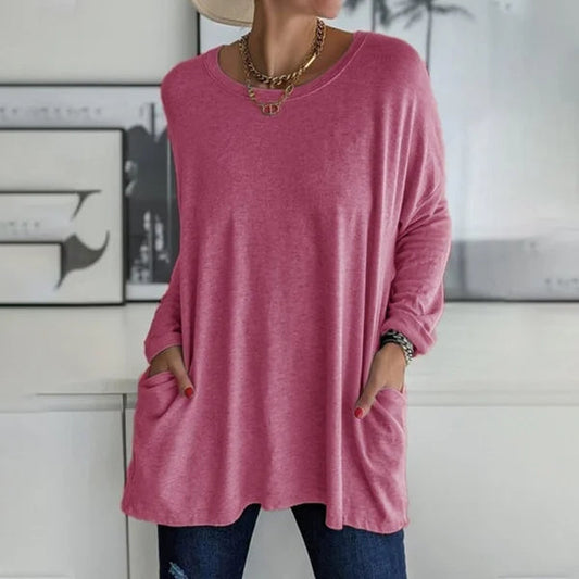 🔥Limited stock available 50% OFF🔥Women's Round Neck Long Sleeve Loose Pocket T-Shirt