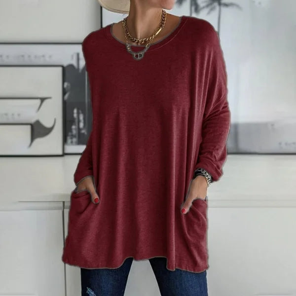 🔥Limited stock available 50% OFF🔥Women's Round Neck Long Sleeve Loose Pocket T-Shirt