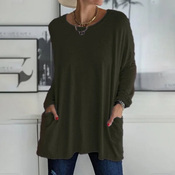 🔥Limited stock available 50% OFF🔥Women's Round Neck Long Sleeve Loose Pocket T-Shirt