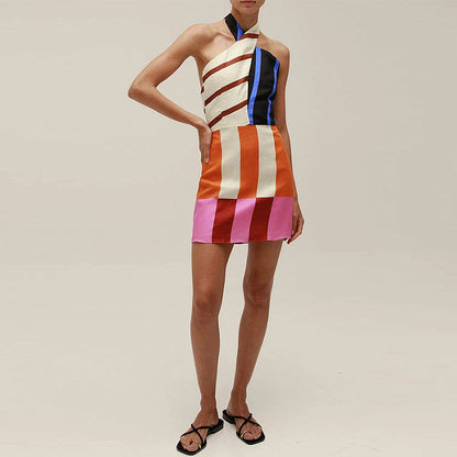 Jeniah Linen Blend Color Block Print Cross Halter Tie-up Loose Mini Dress