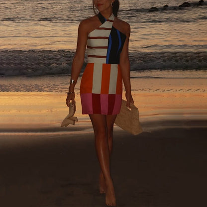 Jeniah Linen Blend Color Block Print Cross Halter Tie-up Loose Mini Dress