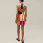 Jeniah Linen Blend Color Block Print Cross Halter Tie-up Loose Mini Dress