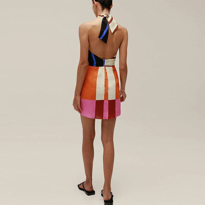 Jeniah Linen Blend Color Block Print Cross Halter Tie-up Loose Mini Dress