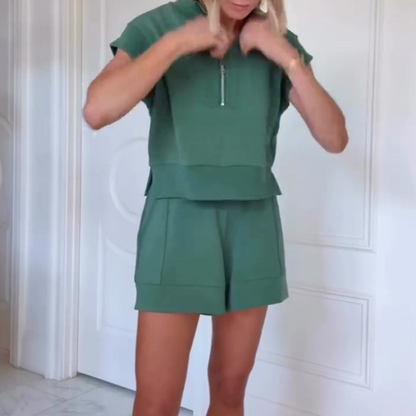 Buttery Touch Half-Zip Sweatshirt met korte mouwen en elastische taille Pocket Casual Shorts Set