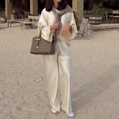 Silky and Elegant Satin large couche à manches longues en vrac et pantalon de jambe large de taille élastique