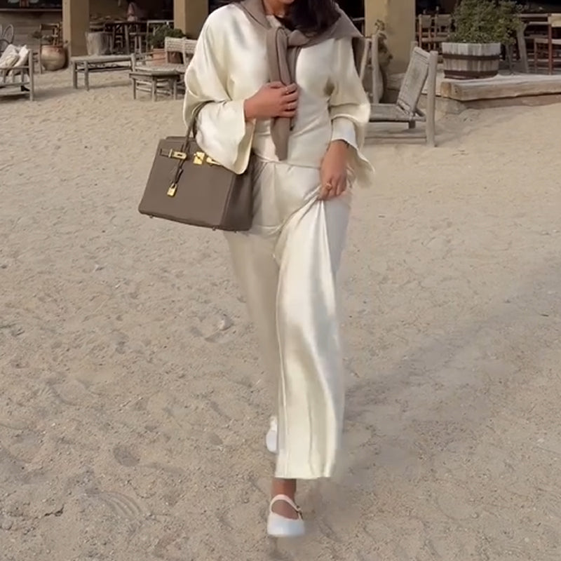 Zijdeachtige en elegante satijnen brede nek Losse bovenkant en elastische taille breedbeenbroek set