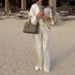 Silky and Elegant Satin large couche à manches longues en vrac et pantalon de jambe large de taille élastique